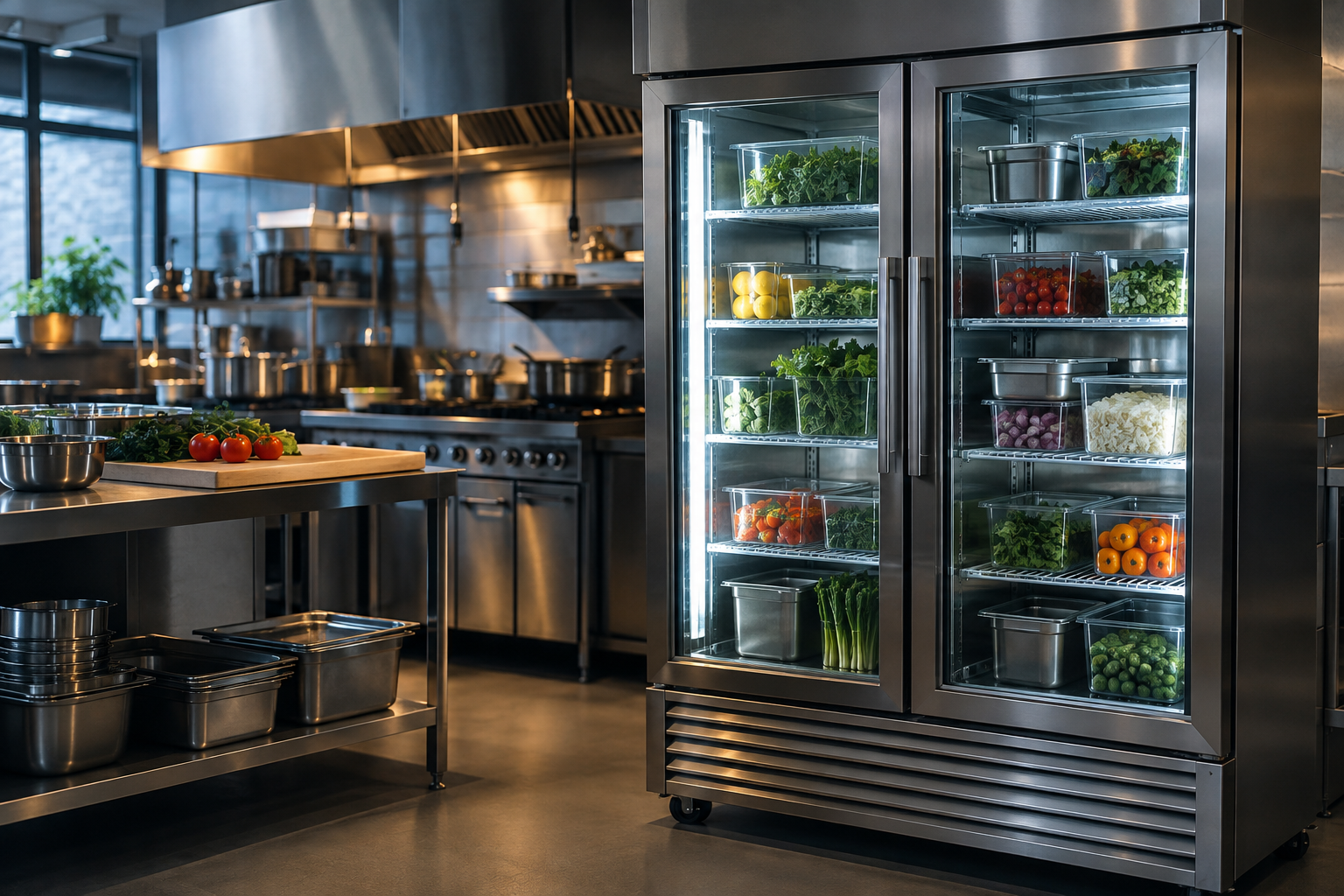Illustration of commercial refrigeration and a stainless-steel kitchen